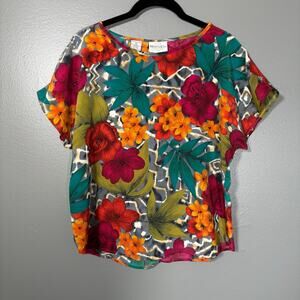 Bentley Women's Vintage Bold 80's Boxy Floral Top - Size Small - Blue/Red/Green